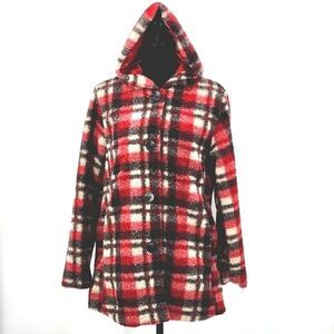 Big Chill Plaid Hooded Sherpa Teddy Pea Coat Women's Small Red Black & Beige